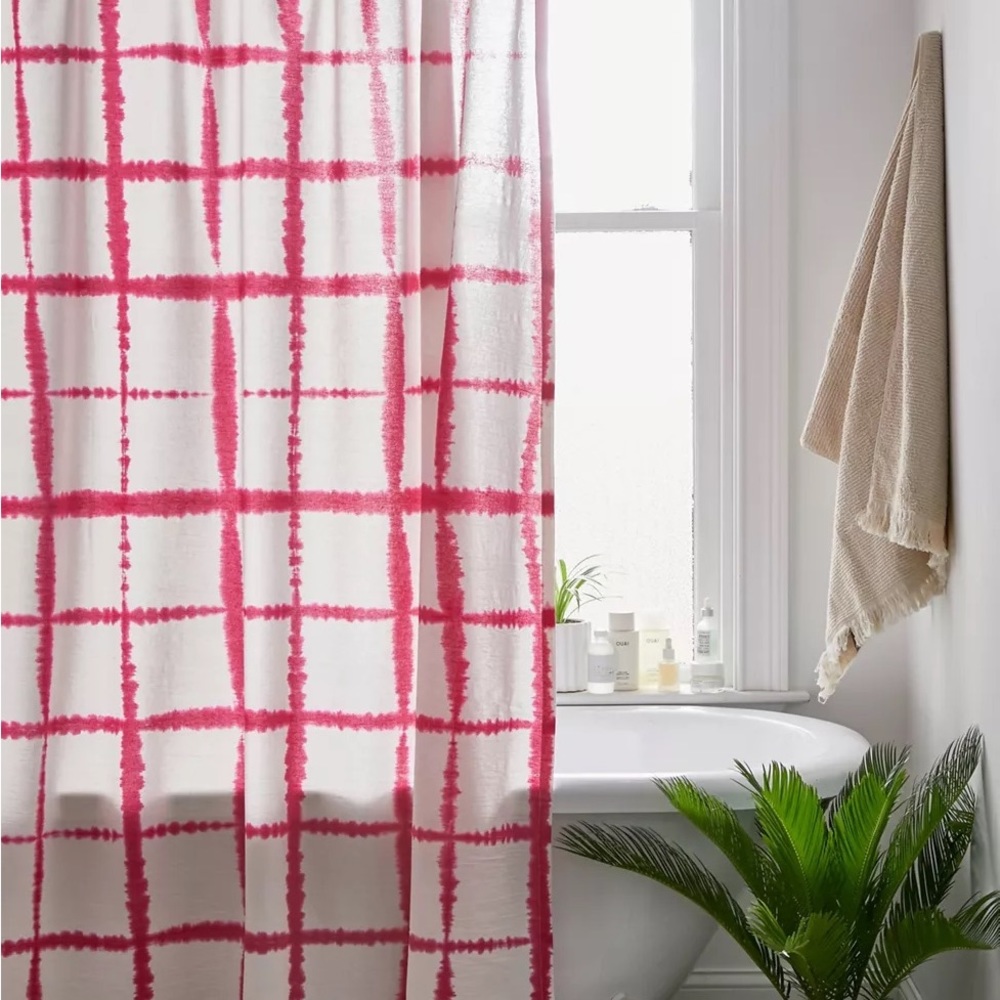 Urban Outfitters Libby Hand - Dyed Grid Pattern Pink Shower Curtain - Picture 3 of 3
